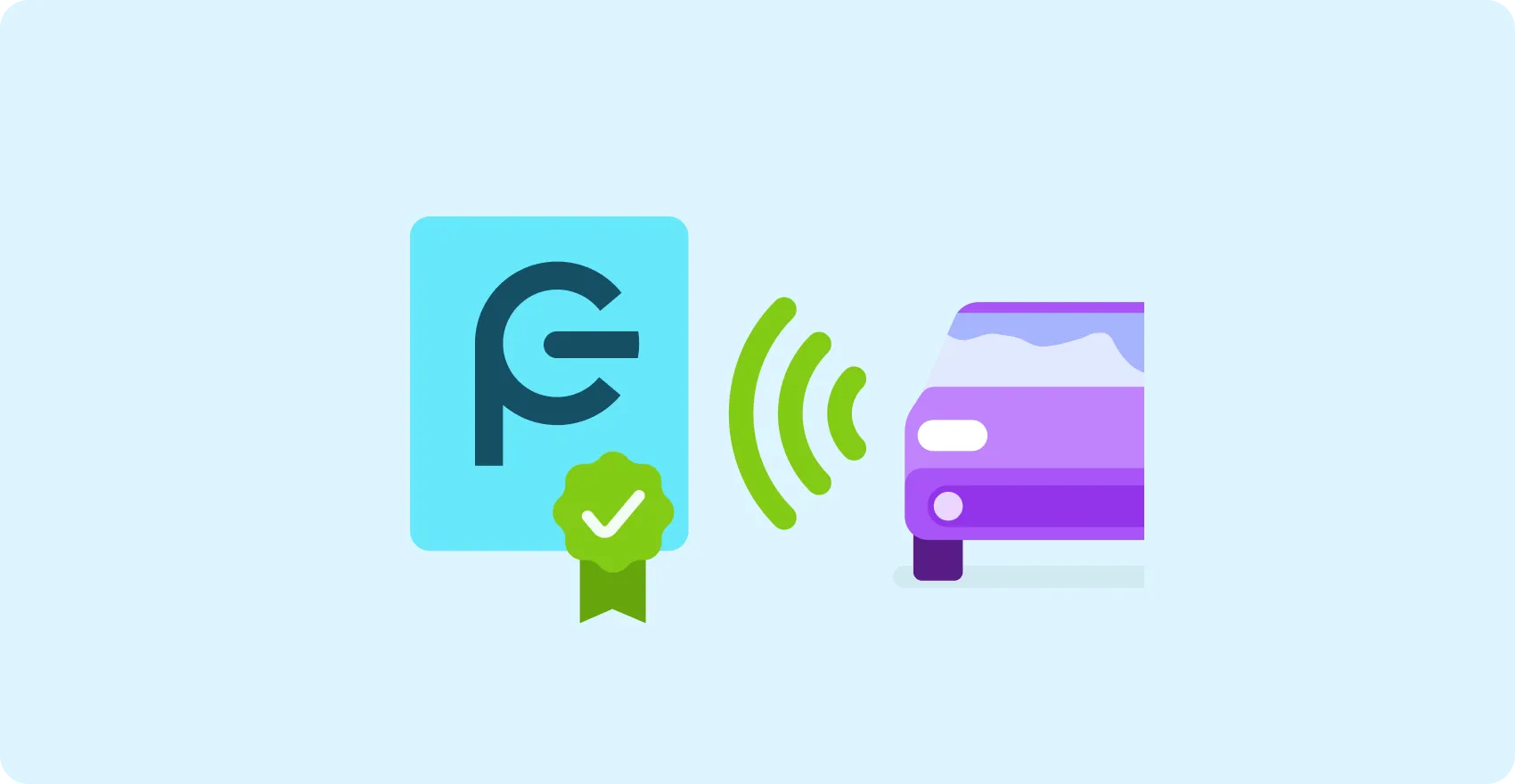 Illustration d'une icône de prise avec une coche verte émettant des signaux sans fil sur une vue de face violette de la voiture, symbolisant la technologie de prise et de charge.