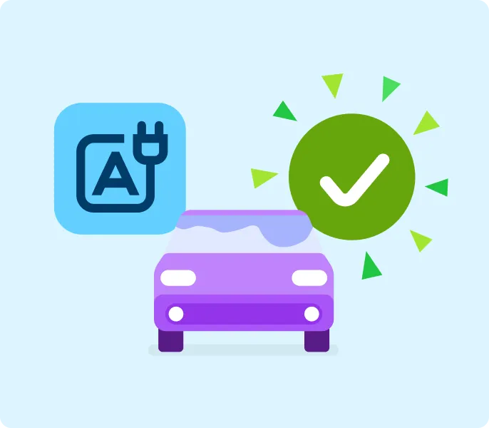 Illustration d'une voiture électrique violette avec une icône de prise électrique et une cochette verte symbolisant l'approbation ou l'état de préparation.