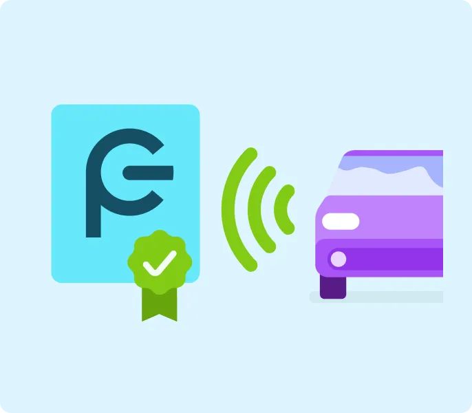 Illustration d'un symbole de paiement numérique avec une coche verte connecté sans fil à une voiture violette.