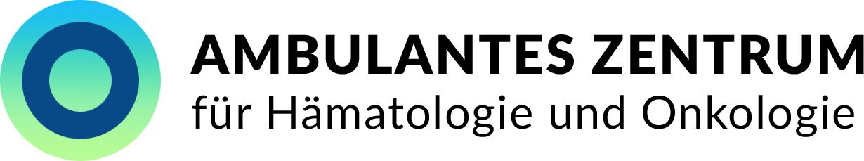 Logo mit einem blauen und grünen Kreis neben dem Text ‚AMBULANTES ZENTRUM für Hämatologie und Onkologie‘.