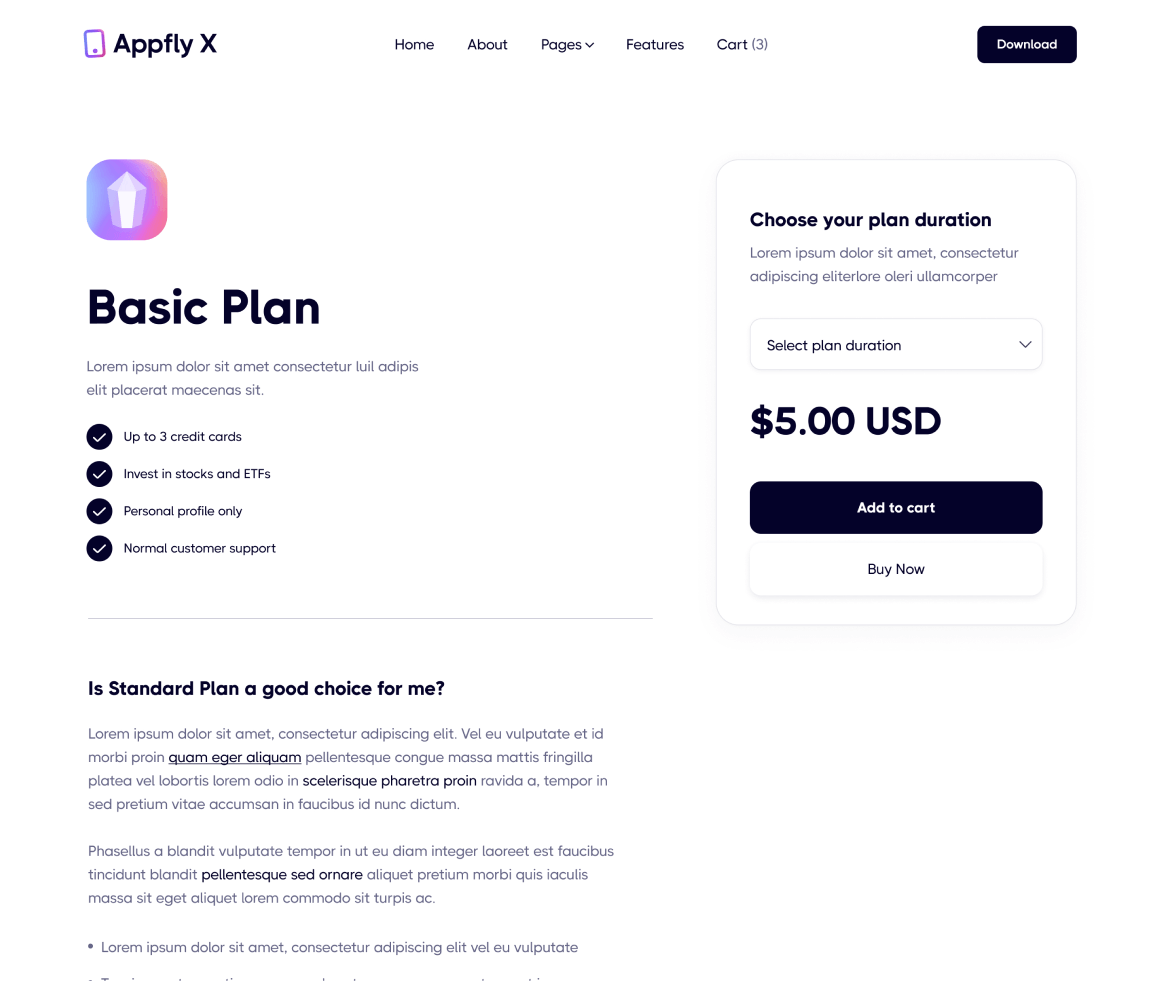 Appfly X - Pricing Single page - Mobile App Webflow Template