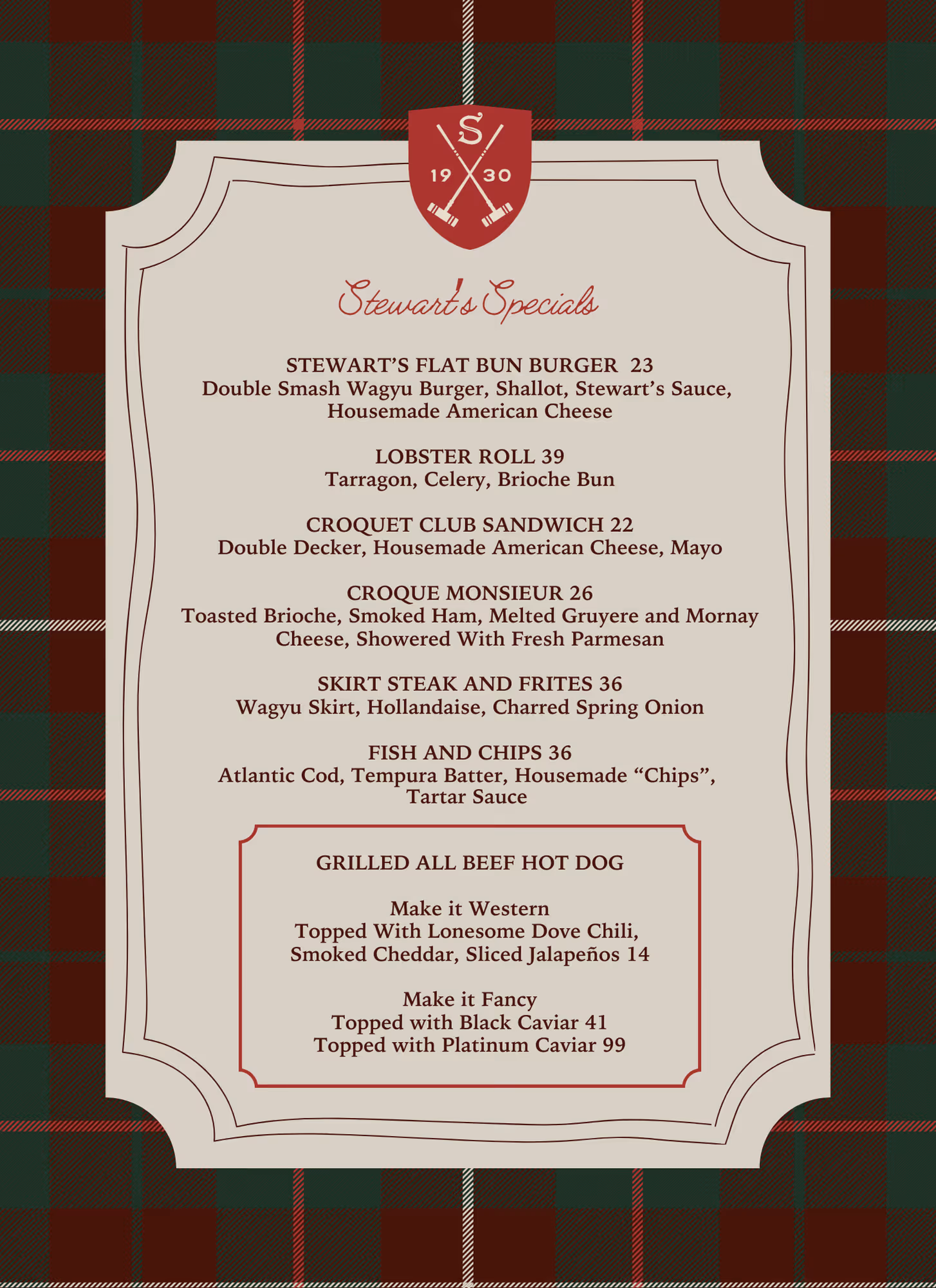 Stewart's Cocktail Club Menu