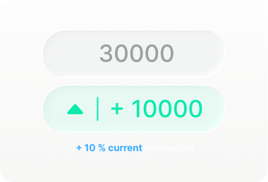 Interface showing two rounded rectangular buttons with numbers; top button displays 30000 in gray, bottom button displays a green upward arrow and +10000 with text +10% current production below.
