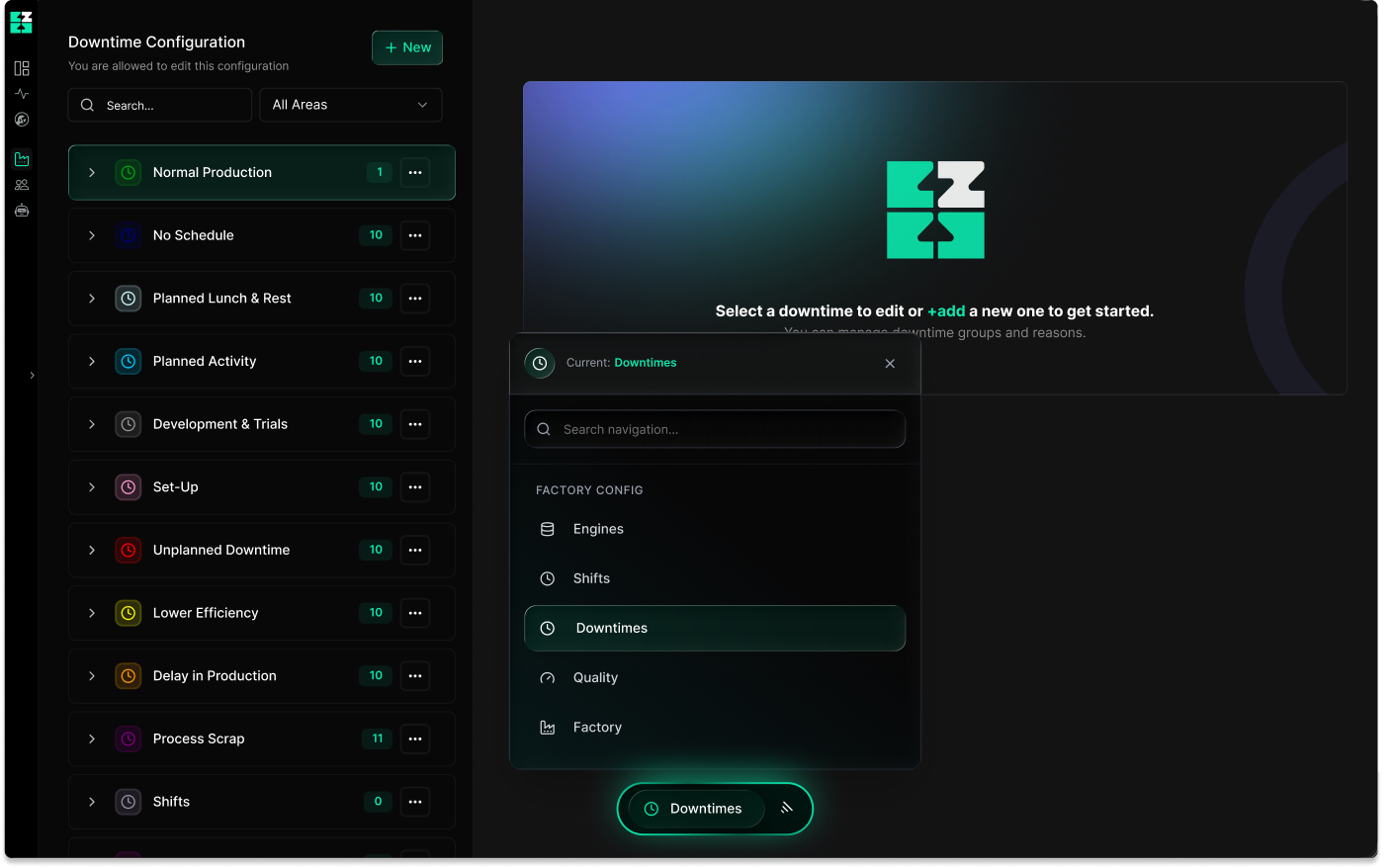 Downtime Configuration interface showing a list of downtime categories like Normal Production, No Schedule, and Planned Activity, with a highlighted navigation menu on Downtimes and an option to add new downtimes.