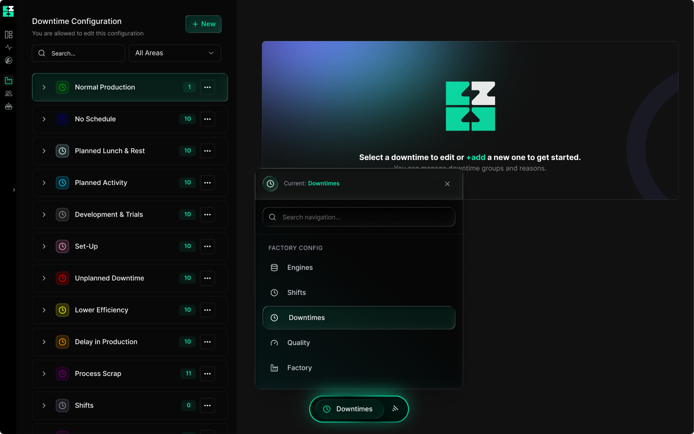 Dashboard interface for downtime configuration with a sidebar listing downtime categories and a main panel to select or add downtimes.