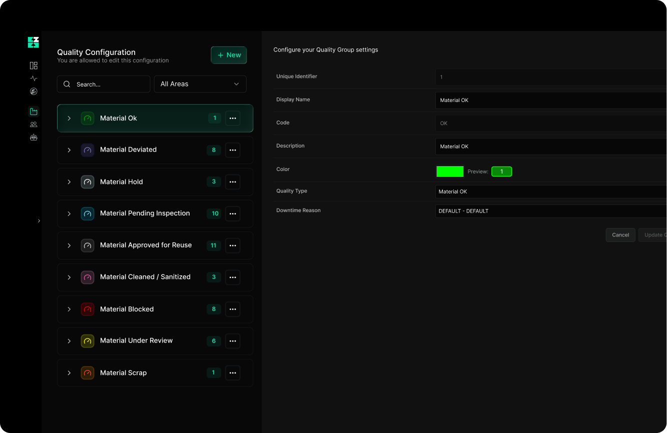 Quality configuration interface displaying a list of material status categories on the left and editable settings for 'Material OK' on the right, including unique identifier, display name, code, description, color preview, quality type, and downtime reason.