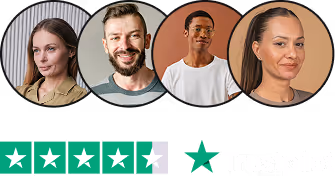Four diverse people smiling above a 4.5-star Trustpilot rating graphic.