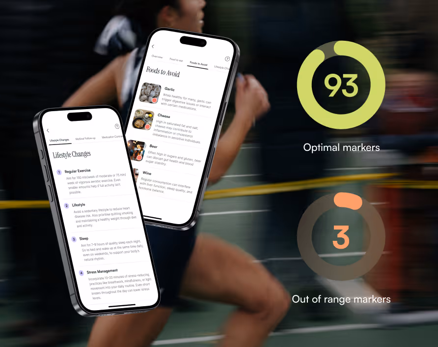 Two smartphones displaying health app screens with lists for lifestyle changes and foods to avoid, alongside circular progress indicators showing 93 optimal markers and 3 out of range markers.