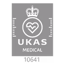 UKAS Medical certification mark with crown and heart symbols on a black background.
