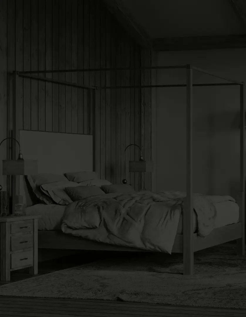 bed in bedroom with dark overlay