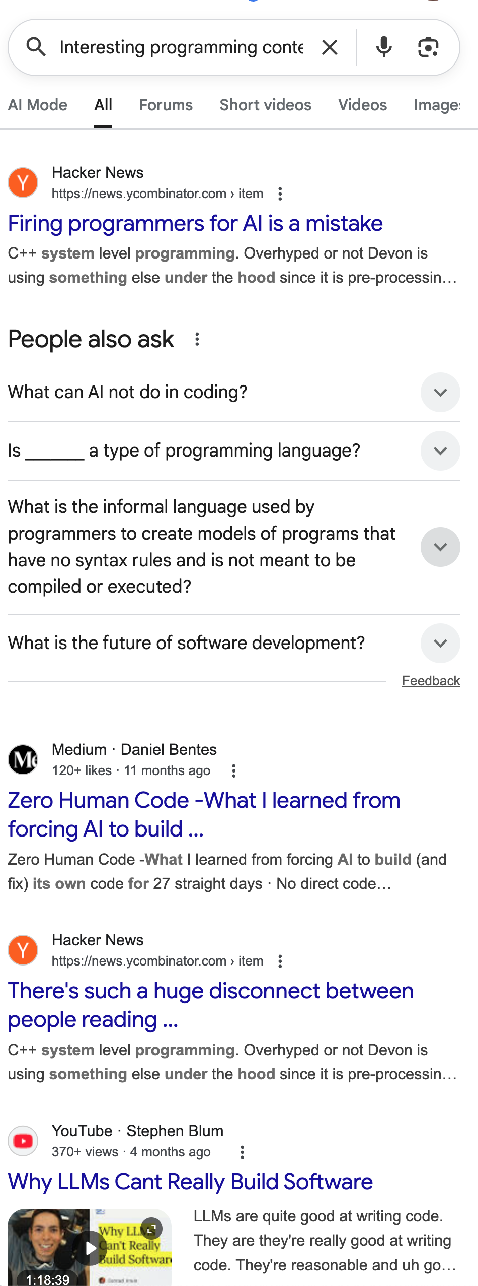Google results for "interesting programming content" - mostly AI articles