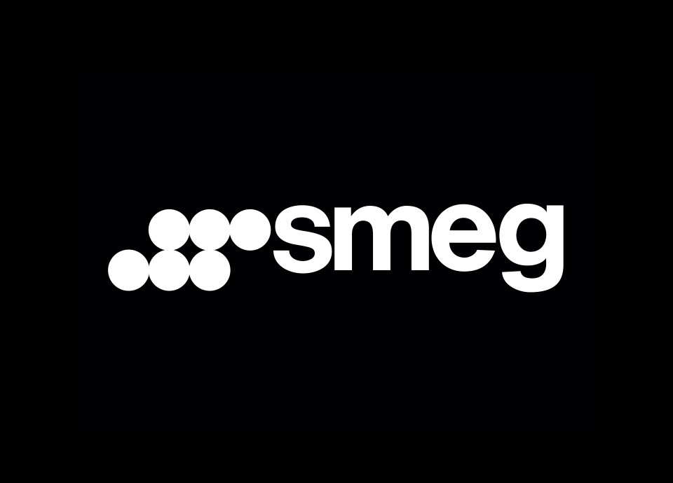 Smeg brand logo with white text and circular dot design on black background