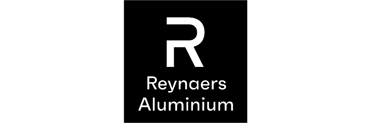Reynaers Aluminium logo with white R symbol and text on black background