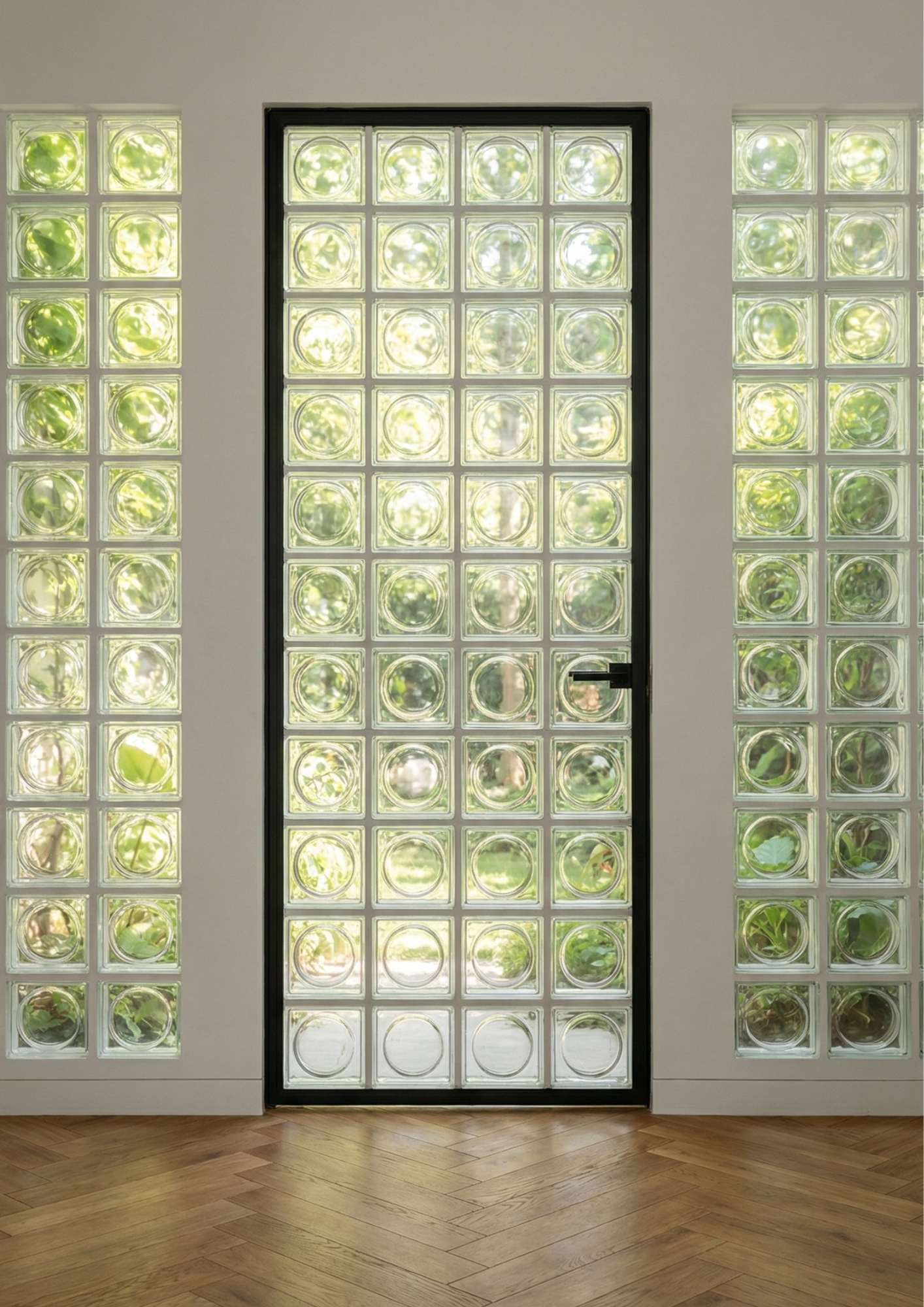 Glass block door and wall panels with illuminated circular inserts showing plant growth stages.