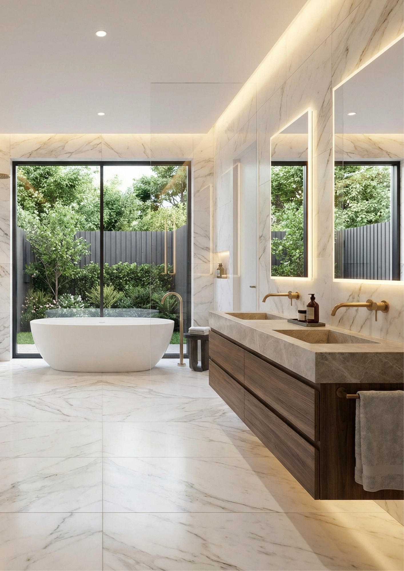 Modern luxury bathroom with freestanding white tub, marble countertops, illuminated mirrors, and garden views.