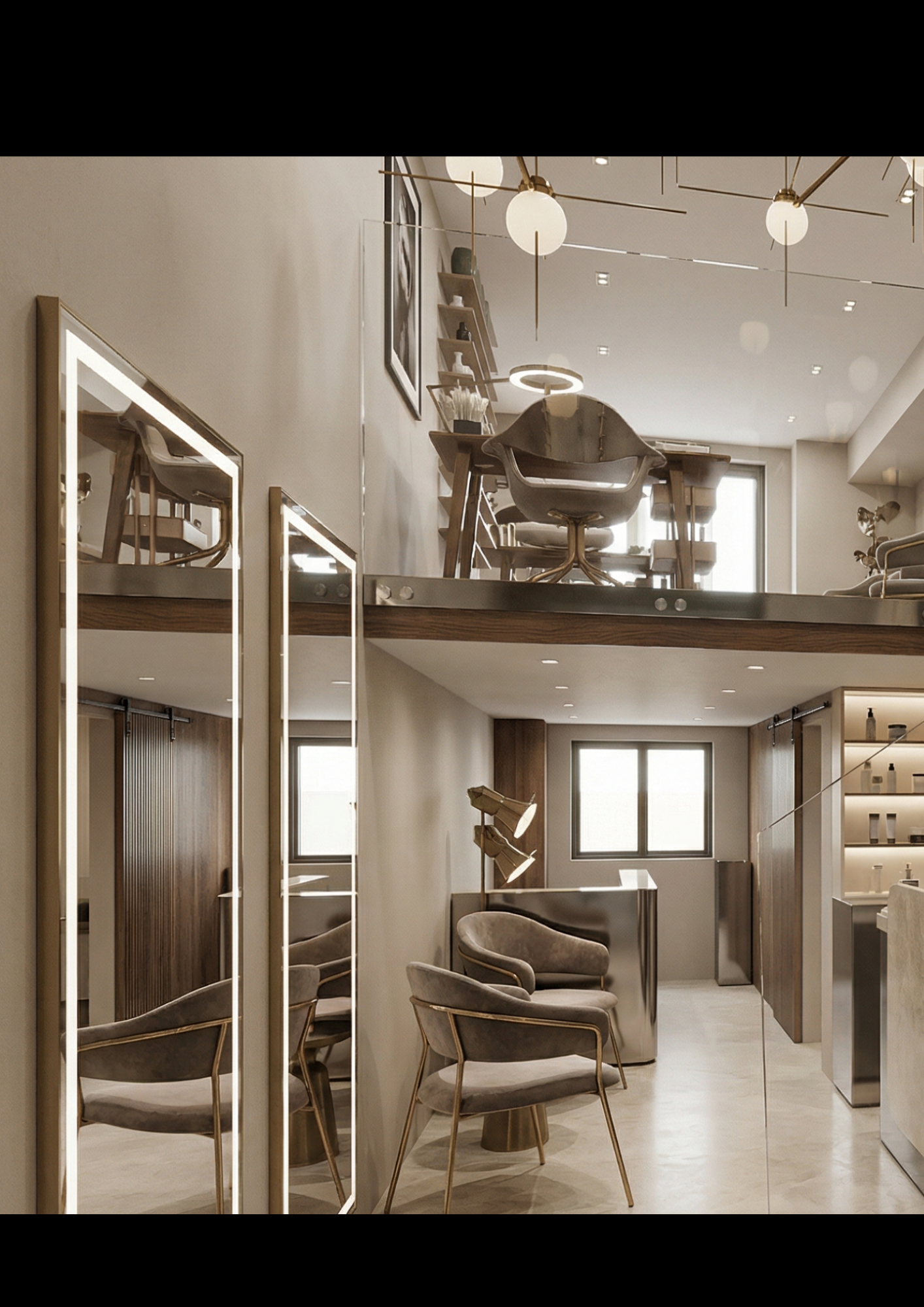 Modern loft-style interior with mezzanine seating area, mirrors, and contemporary furnishings