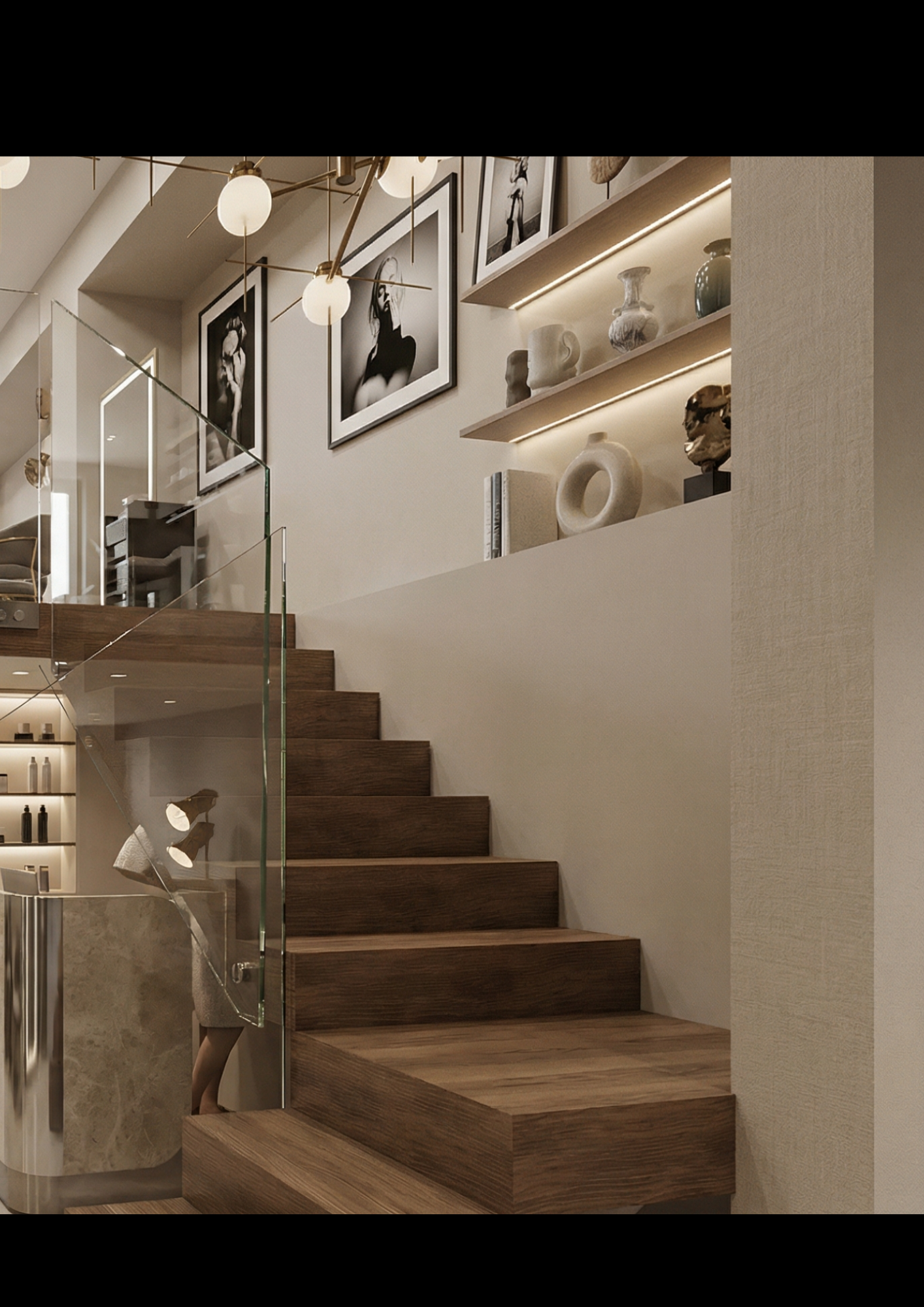 Modern staircase with wooden steps, glass railing, pendant lighting, and illuminated shelving