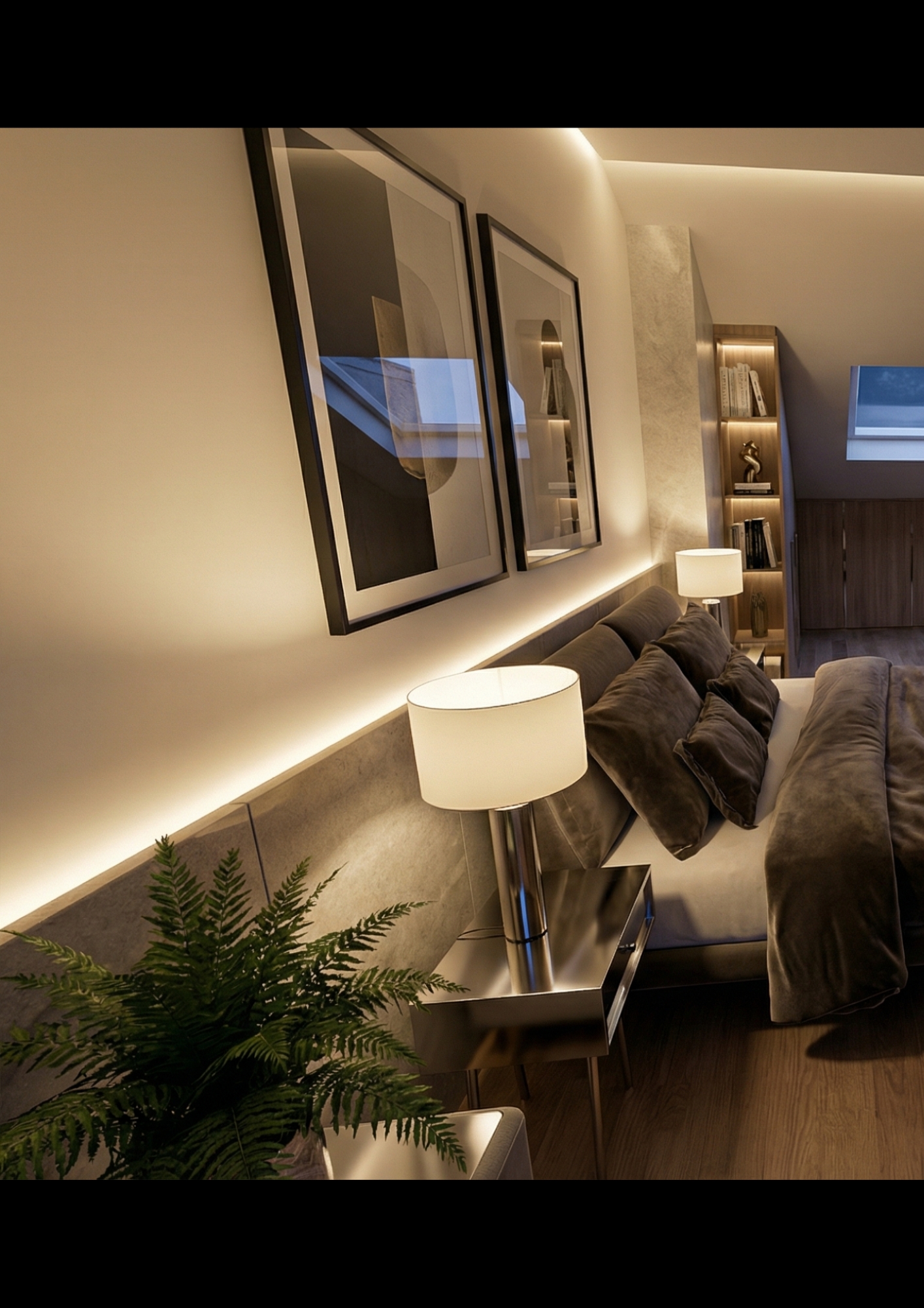 Modern bedroom with dark sofa, ambient wall lighting, framed artwork, and decorative plants