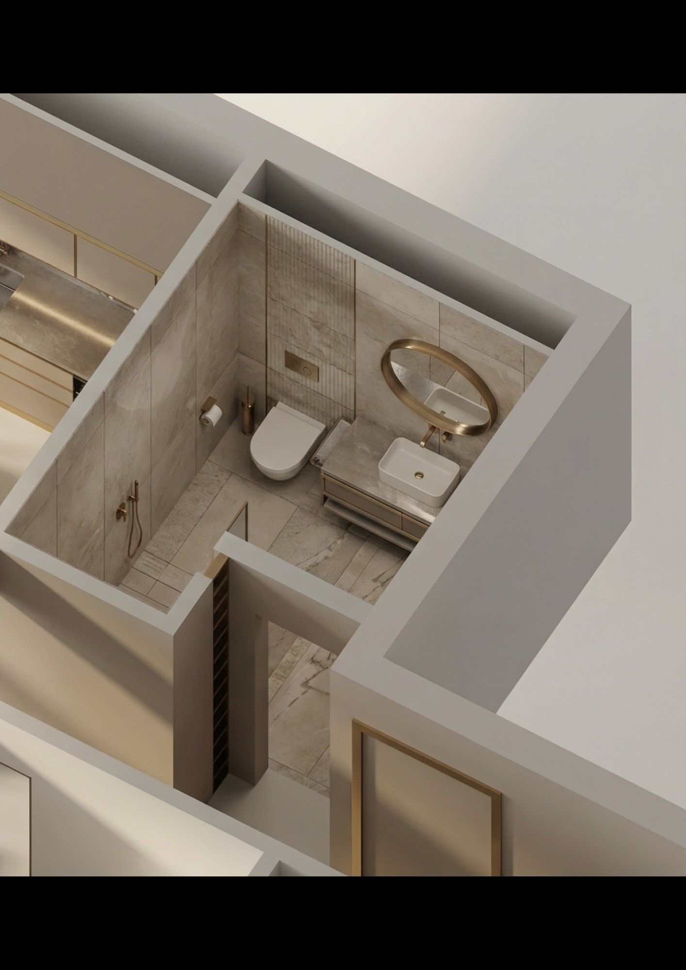 Modern minimalist bathroom with toilet, sink, mirror, and tiled shower area