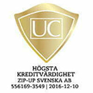 UC:s certifikat för högsta kreditvärdighet med texter och ett skyddande sköldmotiv.