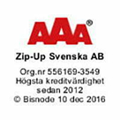 AAA Zip-Up Svenska AB:s logotyp med organisationsnummer och kreditvärdighetsinformation.