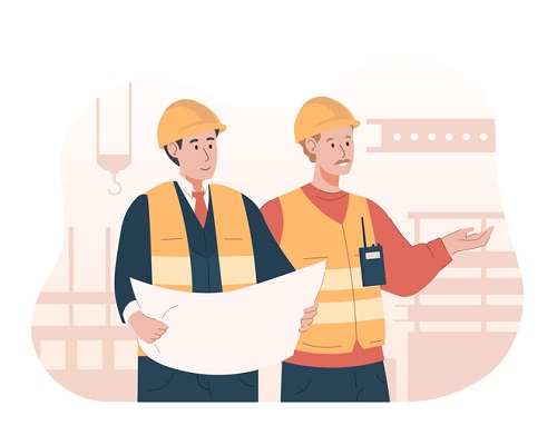 Construction engineer holding blueprint. Professional contractor and engineers