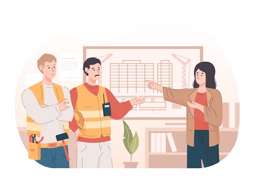 Engineers discuss with woman architect about construction project