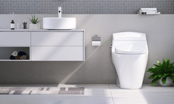 Integrated plumbing systems in a bathroom, showing a toilet, sink, and faucet