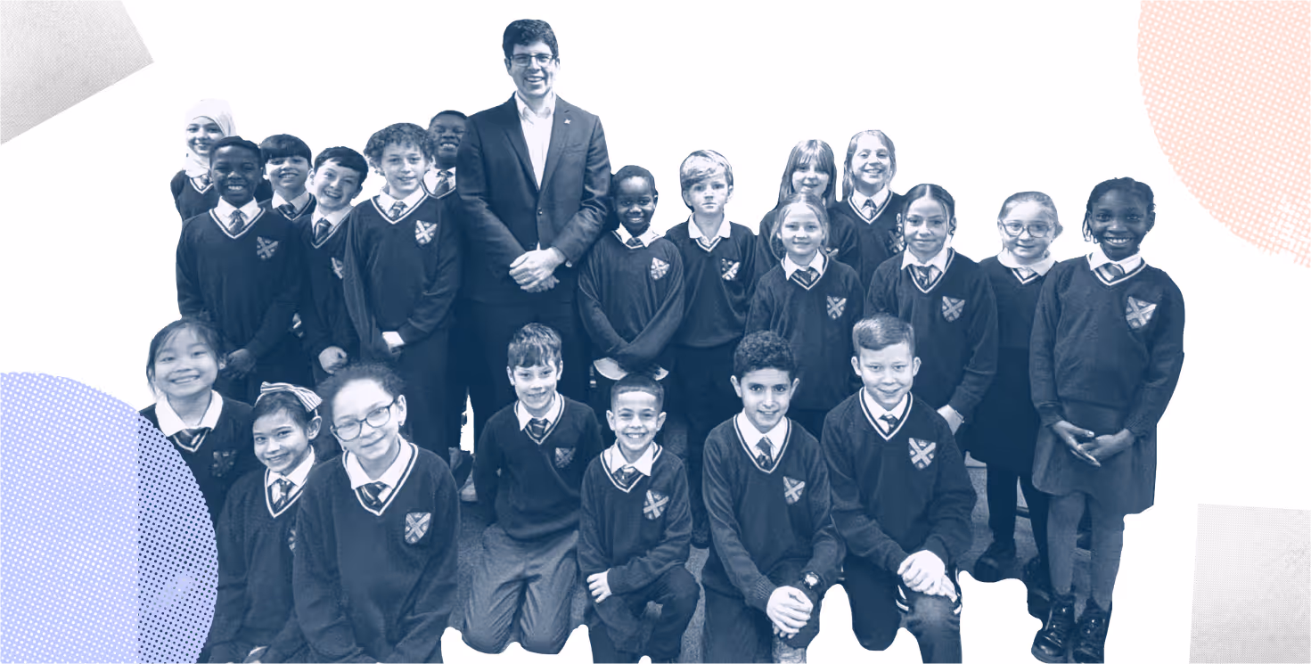 Learners at St Albans Primary meet Cllr Huw Thomas in person.