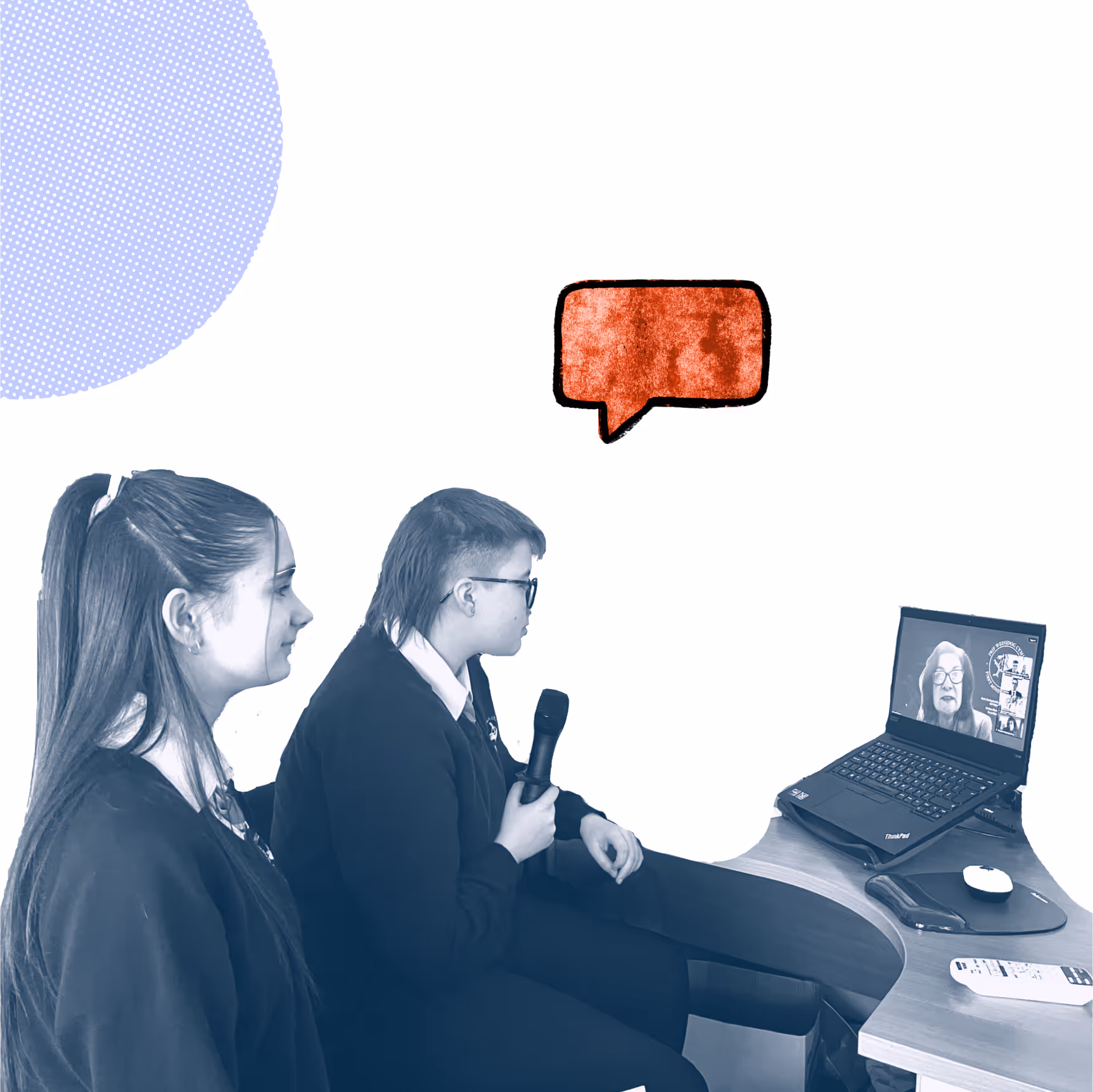 Learners at Bishop Vaughan Catholic School ask question to First Minister and leader of Welsh Labour Eluned Morgan, who is seen on computer screen.