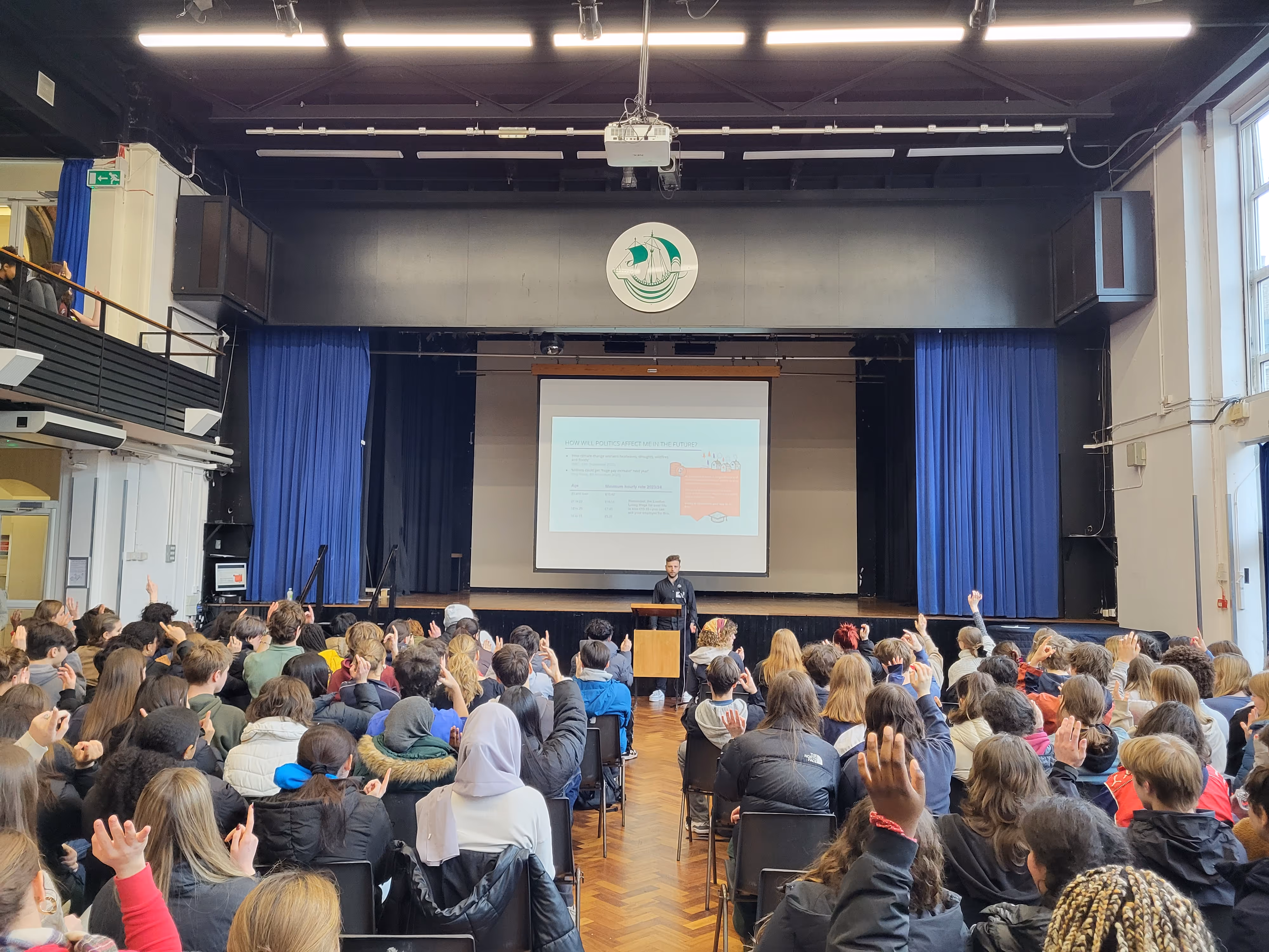 An 'Exploring Elections' Assembly, delivered by TPP, to learners at Camden School for Girls.