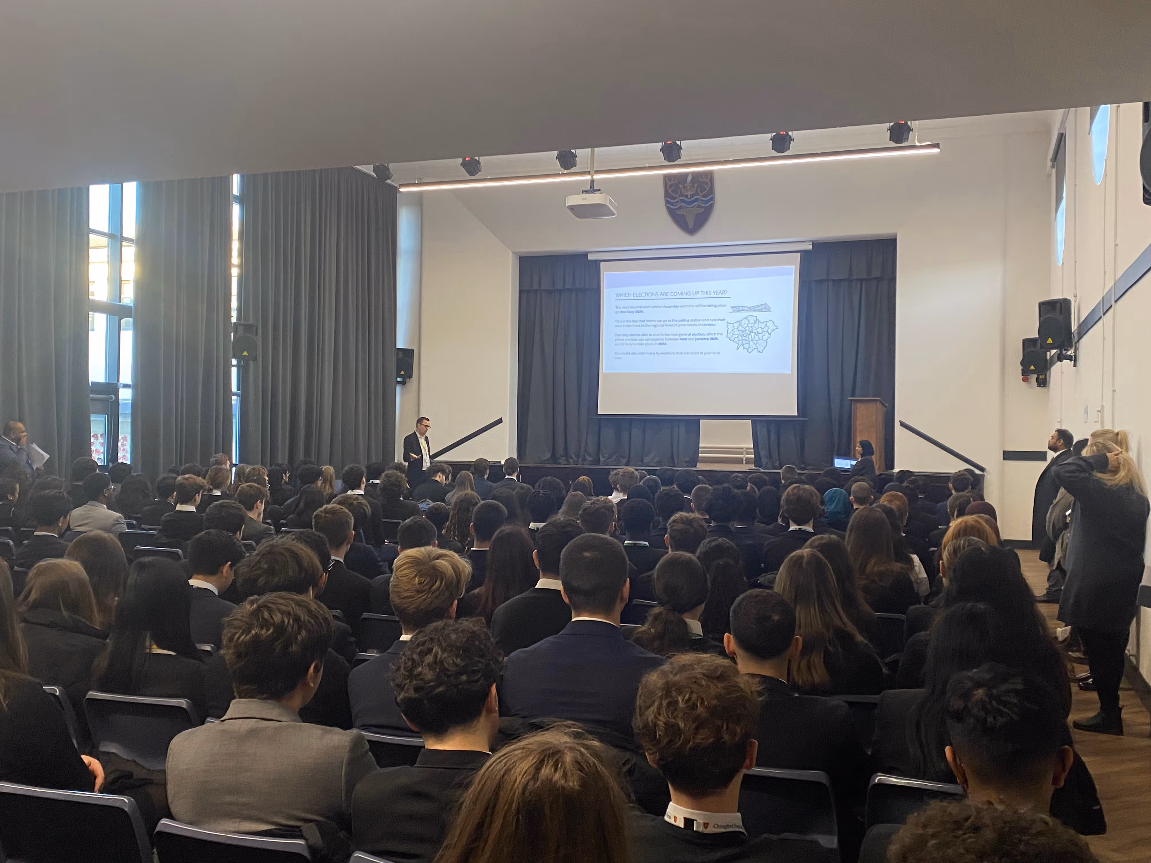 An 'Exploring Elections' Assembly, delivered by TPP, with learners at Chingford Foundation School.