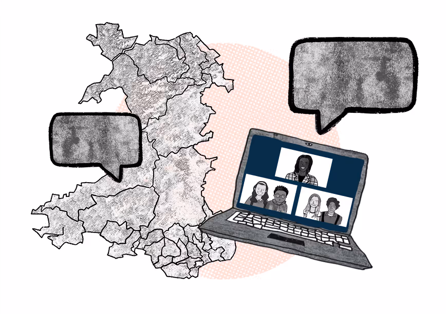 The map of wales, with speech bubbles and an open laptop. The laptop screen shows a video conferencing call between young people and a politician.