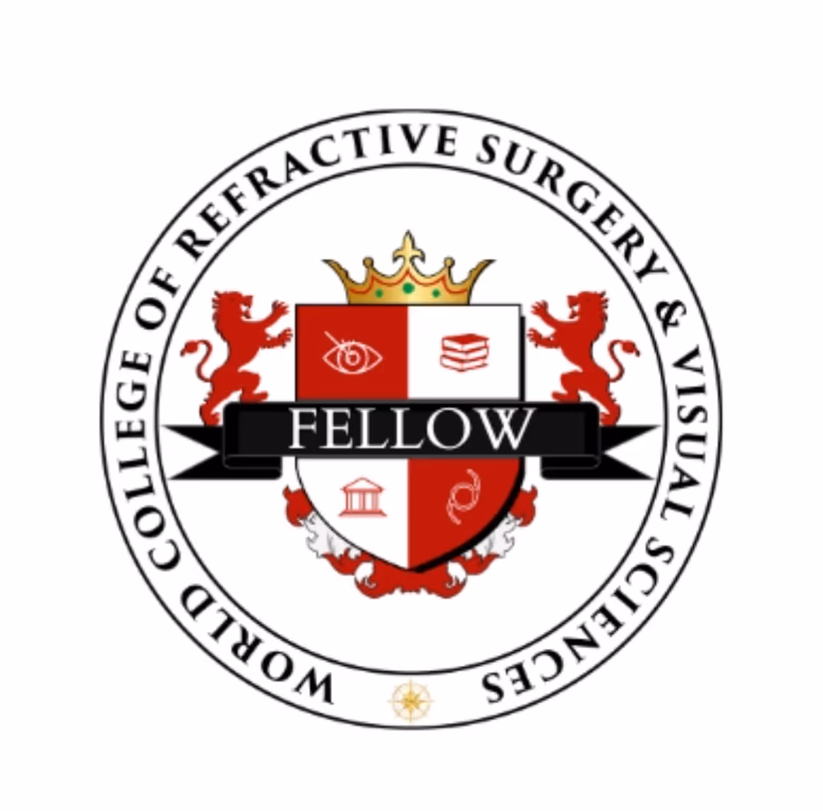 Emblem with a shield divided red and white with icons of an eye, books, a building, and a chain, crowned and flanked by two red lions, with a banner reading 'FELLOW' and text around the circle saying 'World College of Refractive Surgery & Visual Sciences'.