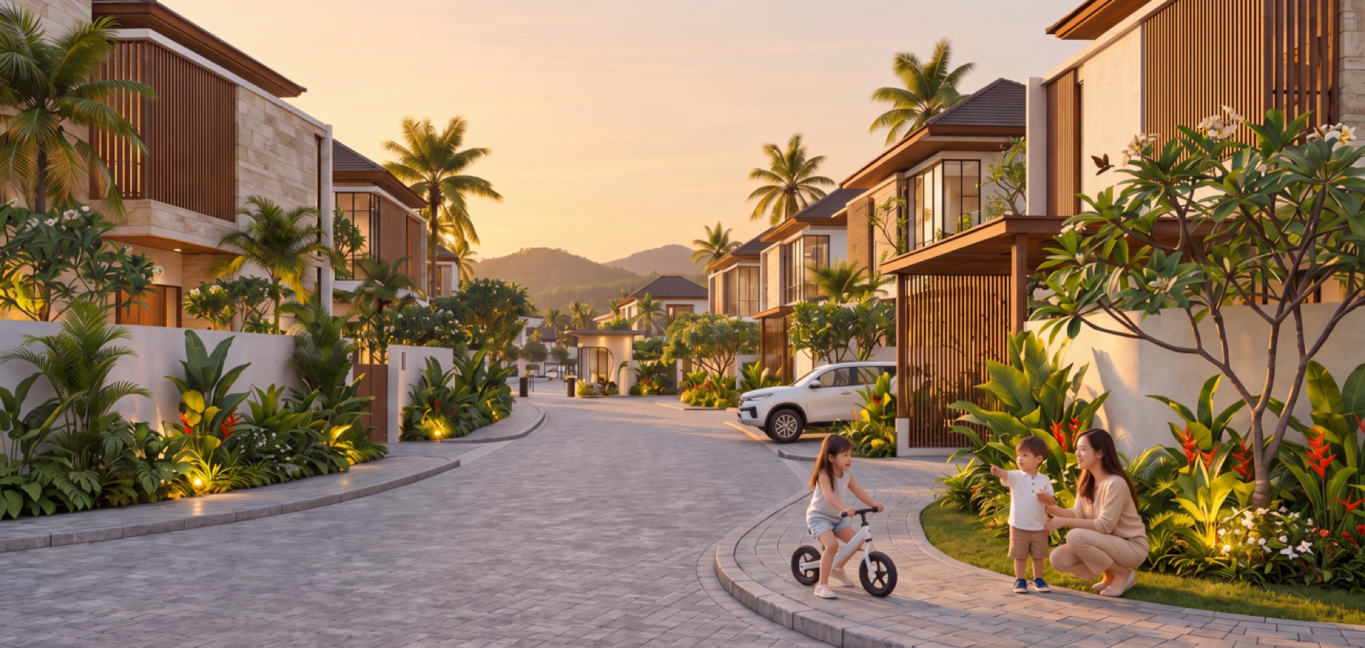 Baraca Village residential street at sunset in South Lombok