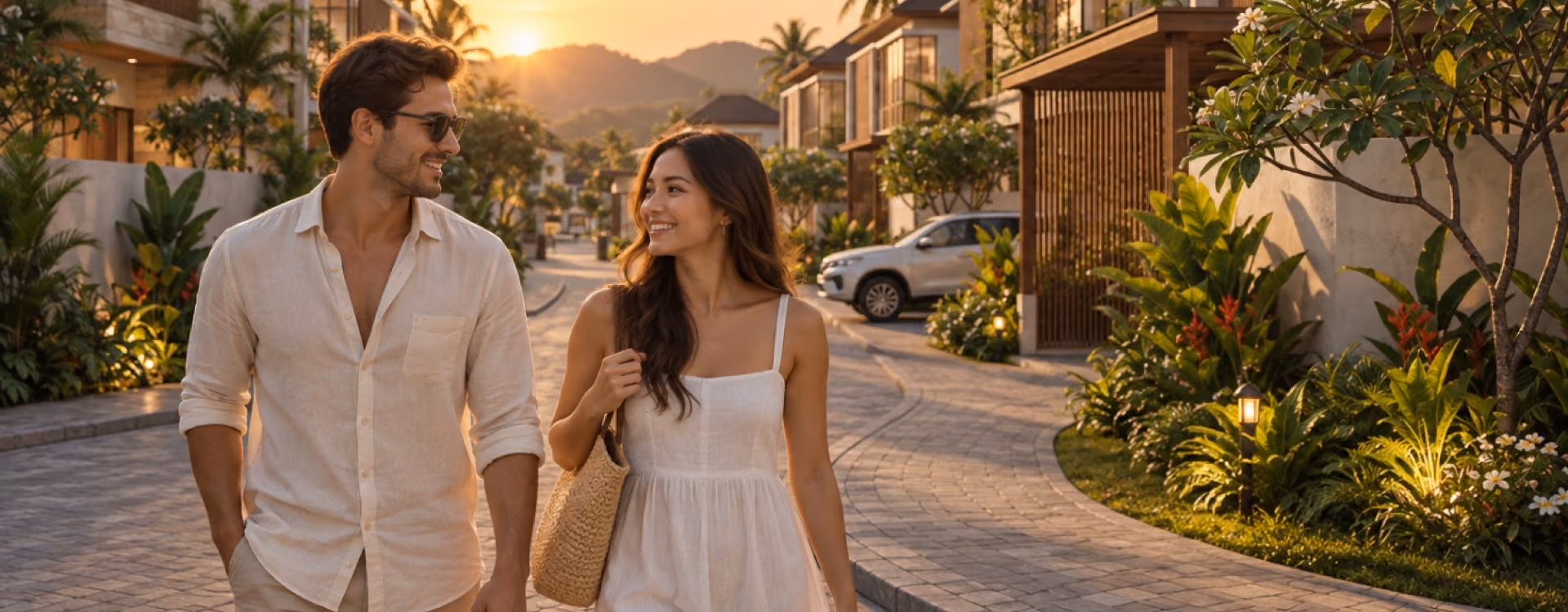 Couple walking through Baraca Village at sunset