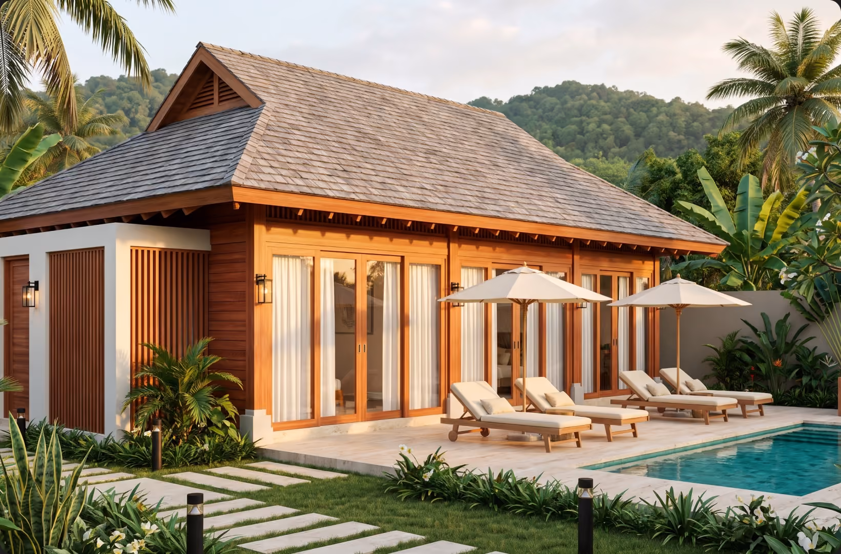 Baraca Village villa with poolside loungers and parasols