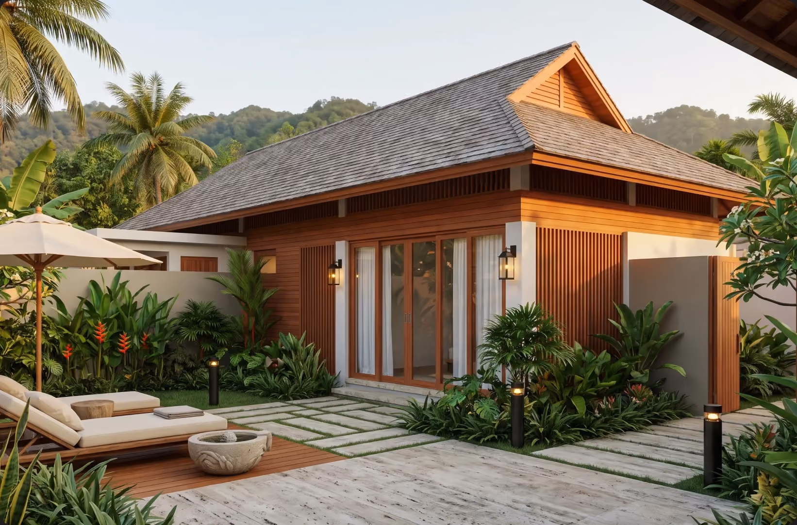 Baraca Village villa entrance with tropical garden