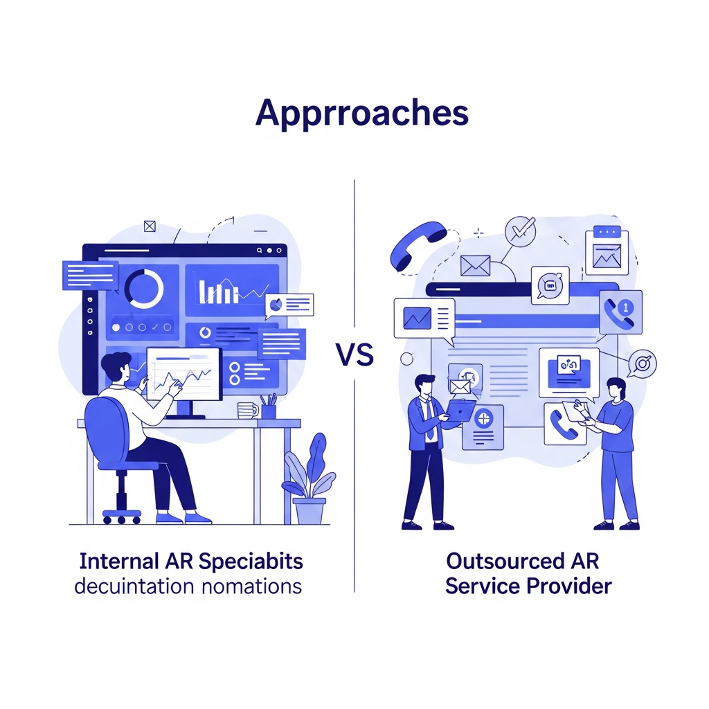 A professional split-screen comparison illustration showing two approaches to accounts receivable management. Left side: a person at a desk using software dashboard with graphs and automation tools, representing internal AR team using software. Right side: a dedicated AR specialist team handling multiple communication channels (emails, phone calls, portal logins) on behalf of a company, representing outsourced AR service. Modern, clean business illustration style with blue and purple color scheme. Minimal, professional design.