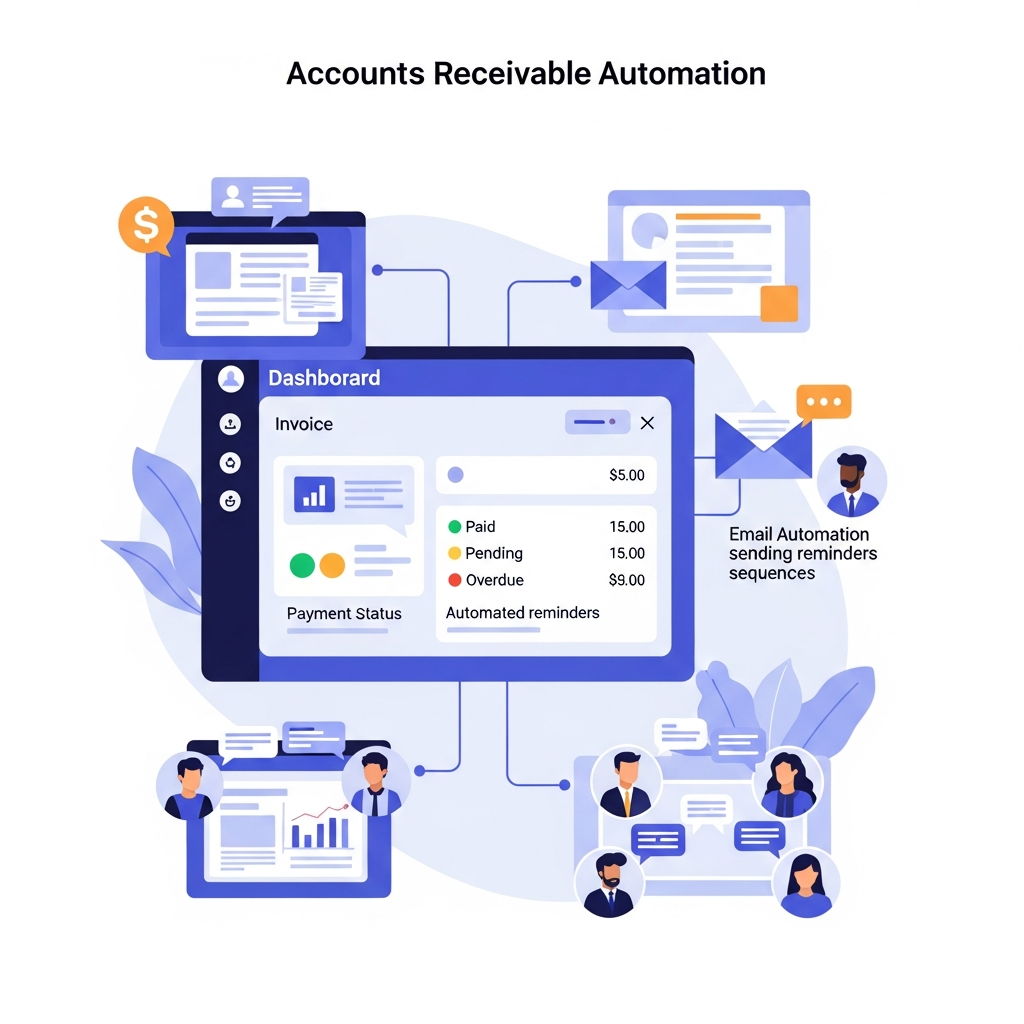 A professional business illustration showing an accounts receivable automation workflow. Central dashboard screen displaying invoice tracking, payment status indicators, and automated reminder sequences. Connected elements showing integration with accounting systems, email automation sending payment reminders to customers, and collaboration between finance team members. Modern, clean business illustration style with blue and purple color scheme. Flat design showing data flow and automation concept. No text labels needed.