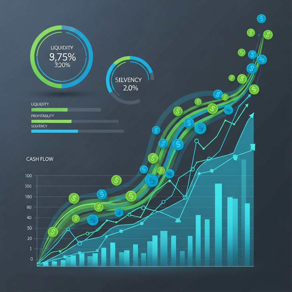 A modern business dashboard showing cash flow visualization with upward trending graphs, flowing money streams, and financial health indicators. Clean, professional illustration style with blues and greens representing positive cash flow movement. Abstract representation of financial data flowing smoothly through a business system, no text or letters.