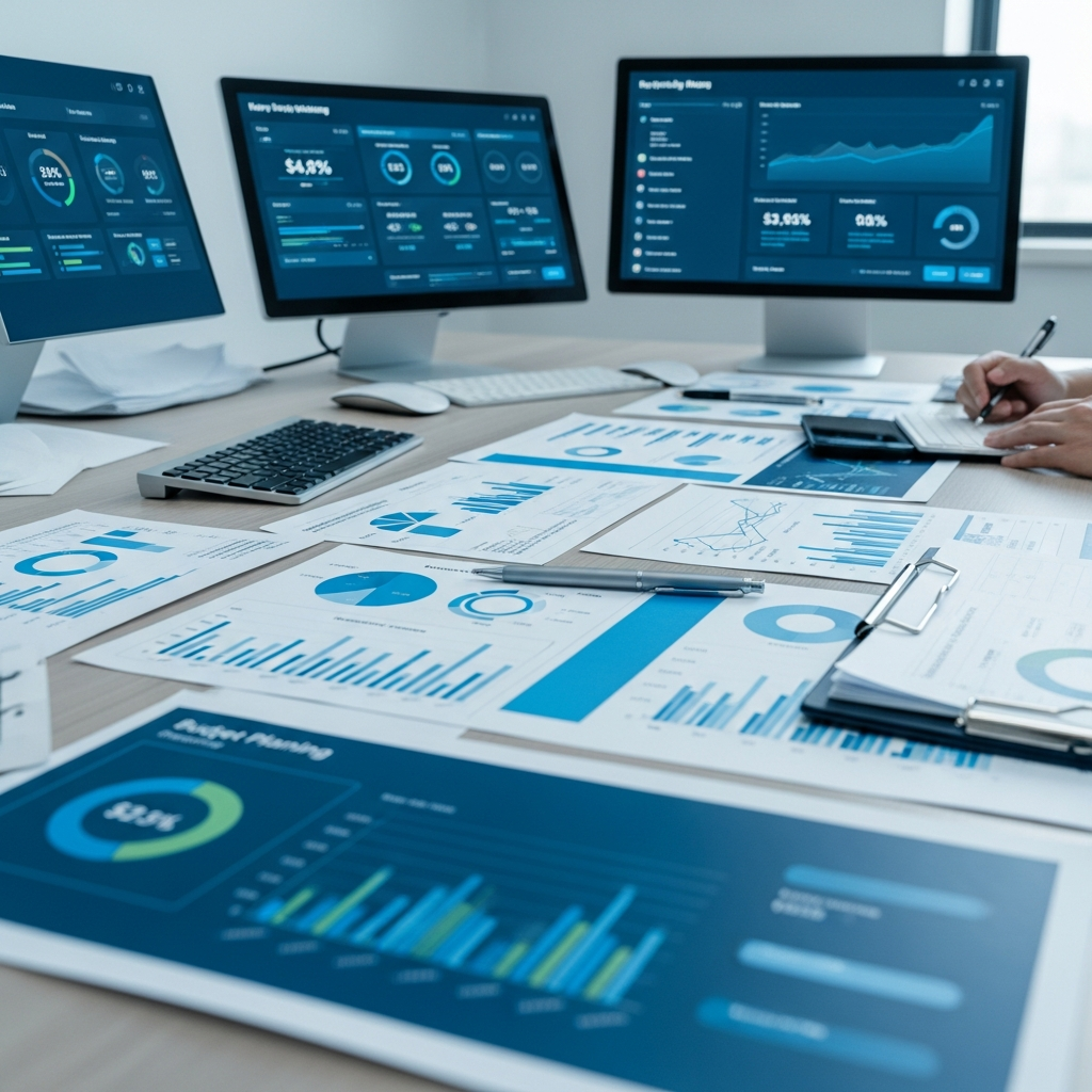 Professional business scene showing strategic financial planning activities. A modern office workspace with financial charts, forecasting graphs, budget planning documents spread on a desk. Dashboard displays showing KPIs and financial metrics. Clean, contemporary illustration style with blues and greens. Abstract representation of financial strategy and analysis work, executive-level decision making. No text, words, or letters visible.