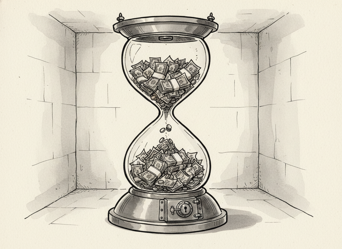 A professional business illustration showing money or cash locked inside a transparent hourglass or vault, with clean lines and a modern flat design style. The image should convey the concept of working capital being trapped or frozen, inaccessible but visible. Use a muted color palette with blues and grays, minimalist style, no text or letters.