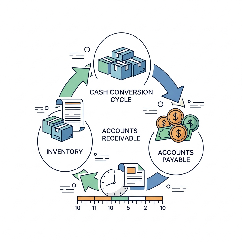 A clean, modern business illustration showing the cash conversion cycle as a circular flow diagram. Show three connected stages: inventory (represented by boxes or products), accounts receivable (represented by invoices or documents), and accounts payable (represented by payment or money symbols). Use arrows to show the flow between stages. Include a clock or timeline element to represent the time dimension. Use a professional color palette with blues, greens, and subtle oranges. Minimalist, flat design style suitable for a financial blog post. No text or letters in the image.