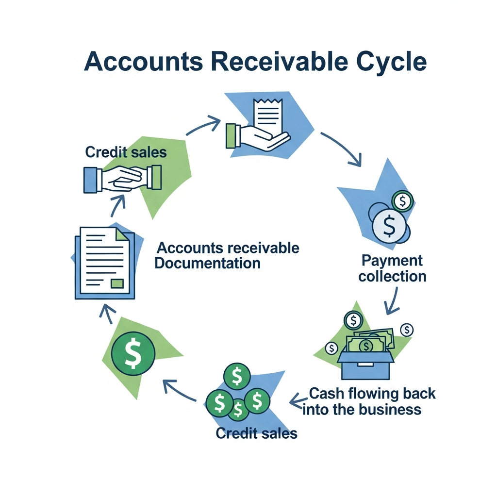 A clean, modern business illustration showing the accounts receivable cycle as a flowing circular diagram. Show invoices moving through stages: credit sales at the top, flowing to accounts receivable documentation, then to payment collection, and cash flowing back into the business. Use professional blue and green tones with simple icons representing invoices, dollar signs, and arrows showing the cyclical flow. Minimalist flat design style, no text or letters, business infographic aesthetic