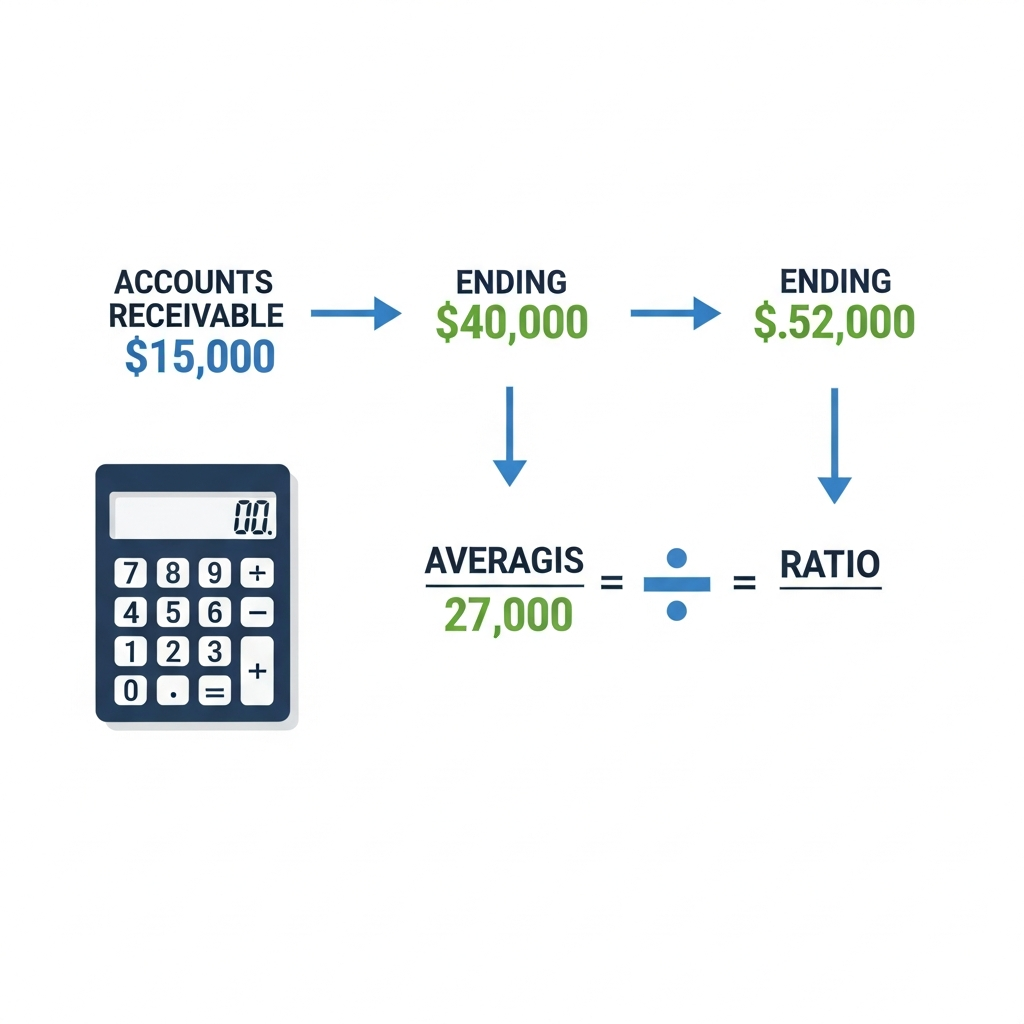 A clean business infographic showing a step-by-step calculation flow. Display a calculator or ledger with numerical figures flowing through stages: starting balance of accounts receivable, ending balance, averaging calculation with division symbol, then final ratio result. Use professional blue and green color scheme with arrows showing the progression from one calculation step to the next. Minimalist flat design style, modern business aesthetic, no text or letters, just numbers and mathematical symbols flowing through the visualization