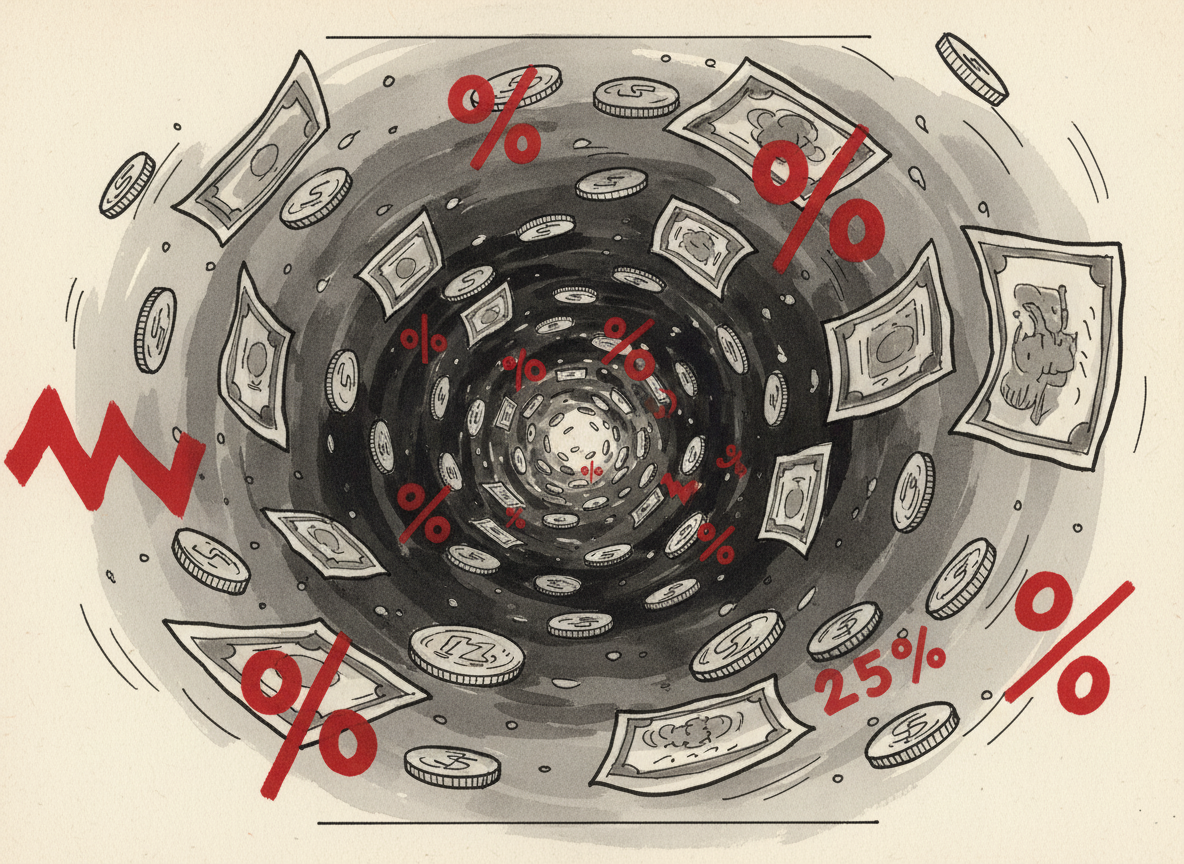 A visual metaphor showing a downward spiral of financial pressure, with stacked coins or currency bills spiraling downward in a vortex pattern, contrasted with red warning indicators and percentage symbols floating in the space, representing mounting debt and interest charges, professional business illustration style, clean and modern aesthetic