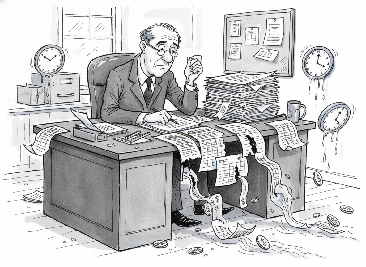 A conceptual business illustration showing hidden costs and money leaking away, featuring stacks of invoices and spreadsheets with coins and currency flowing out and disappearing, clock icons representing wasted time, and a stressed finance professional at a desk surrounded by papers, rendered in a clean modern flat design style with a professional color palette of blues and grays