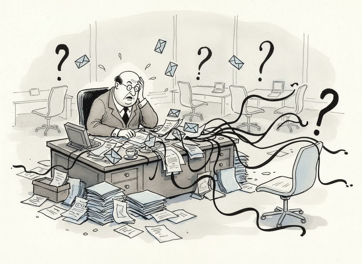 A professional business illustration showing a frustrated finance professional at a desk surrounded by scattered papers, bouncing email envelopes, and tangled connection lines leading to empty office chairs and question marks, representing the challenge of finding the right contact person for invoice payments. Modern flat design style with a muted blue and grey color palette, clean lines, minimalist aesthetic.