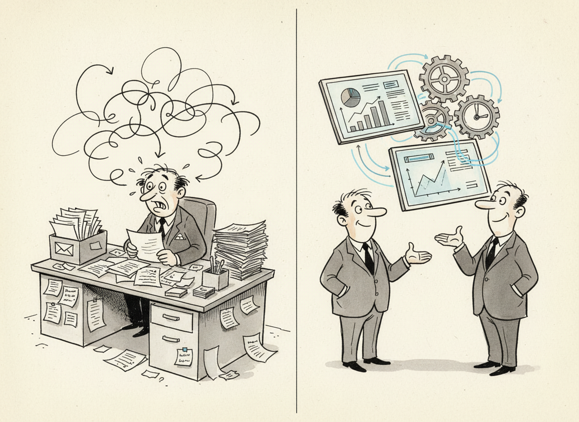A professional business illustration showing a split-screen comparison: on the left side, a chaotic manual collections workflow with scattered papers, sticky notes, overflowing inbox, and tangled workflow arrows; on the right side, a clean automated system represented by organized digital dashboard screens, synchronized clockwork gears, and smooth flowing data streams. Modern flat design style with a blue and grey color palette, clean geometric shapes, minimalist aesthetic, isometric perspective.